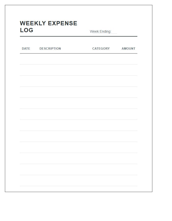 Weekly Expense Log Printable Chart