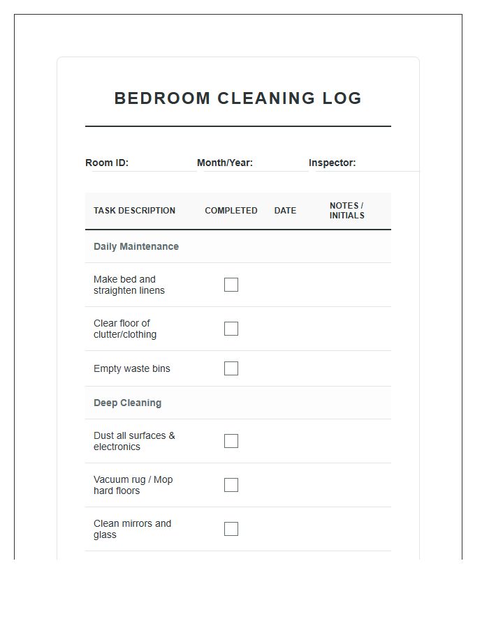 Bedroom Cleaning Completion Log Chart Printable