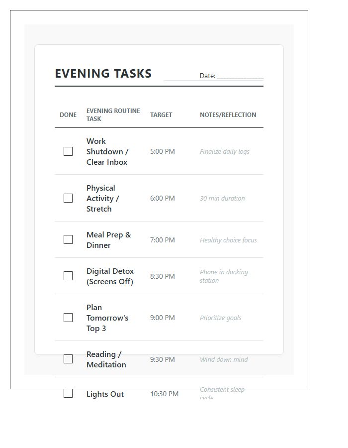 Evening Task Completion Progress Chart Printable