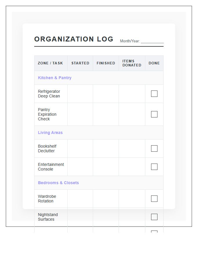 Home Organization Completion Log Chart Printable