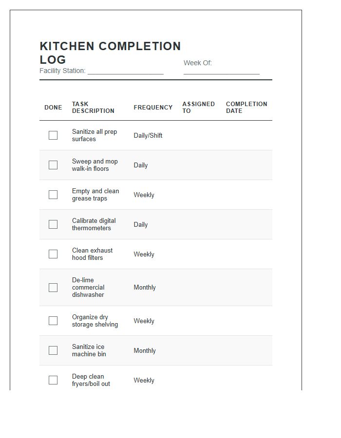 Kitchen Task Completion Log Chart Printable