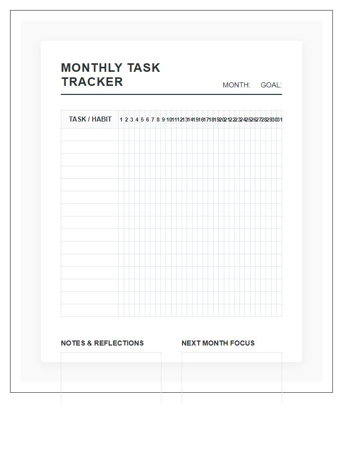 Monthly Task Completion Tracking Chart Printable