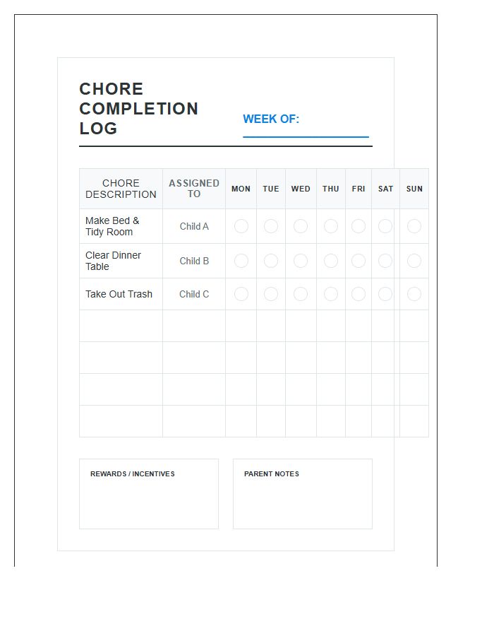 Multi Child Chore Completion Log Chart Printable