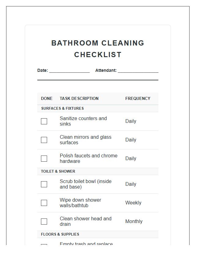 Printable Bathroom Cleaning Checklist Completion Chart