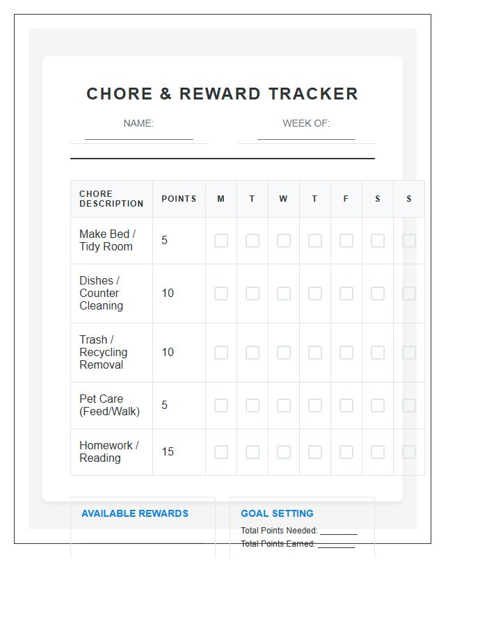 Printable Chore Completion Reward System Chart