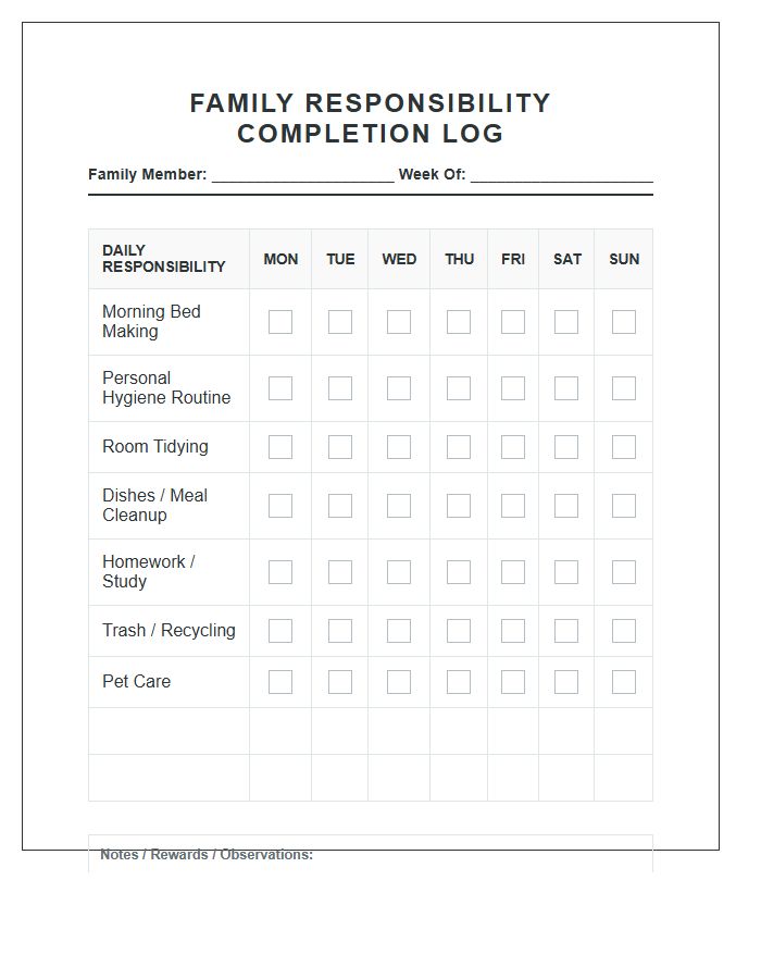 Printable Family Responsibility Completion Log Chart