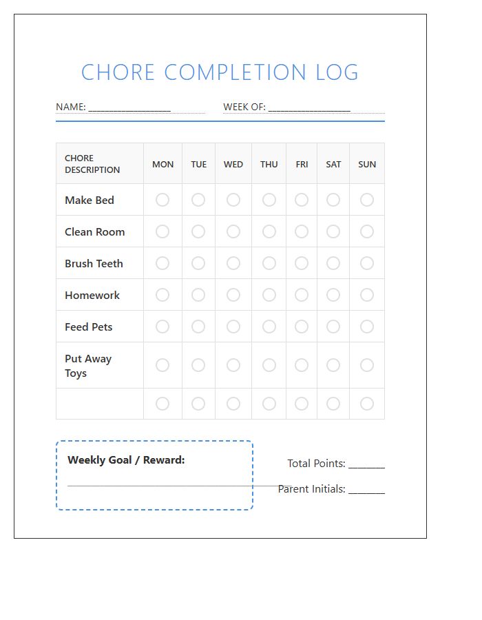 Printable Kids Chore Completion Log Chart