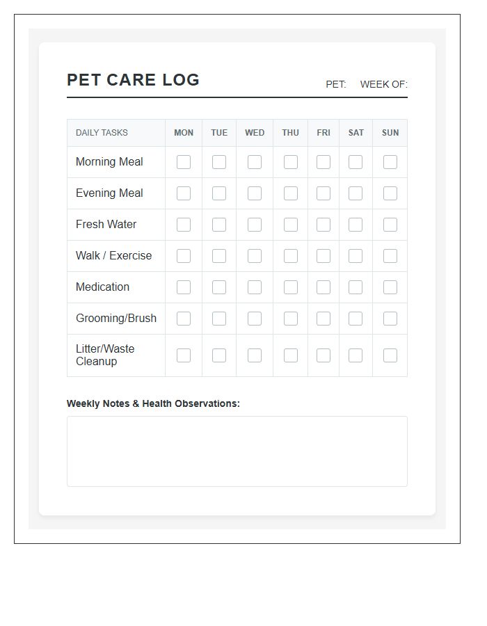 Printable Pet Care Completion Log Chart