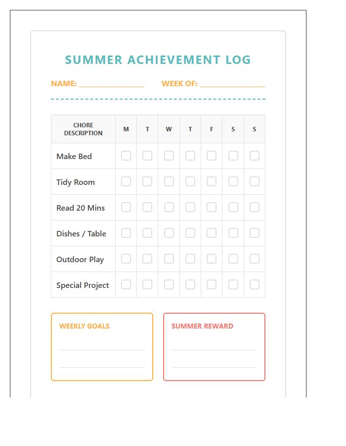 Printable Summer Chore Achievement Log Chart
