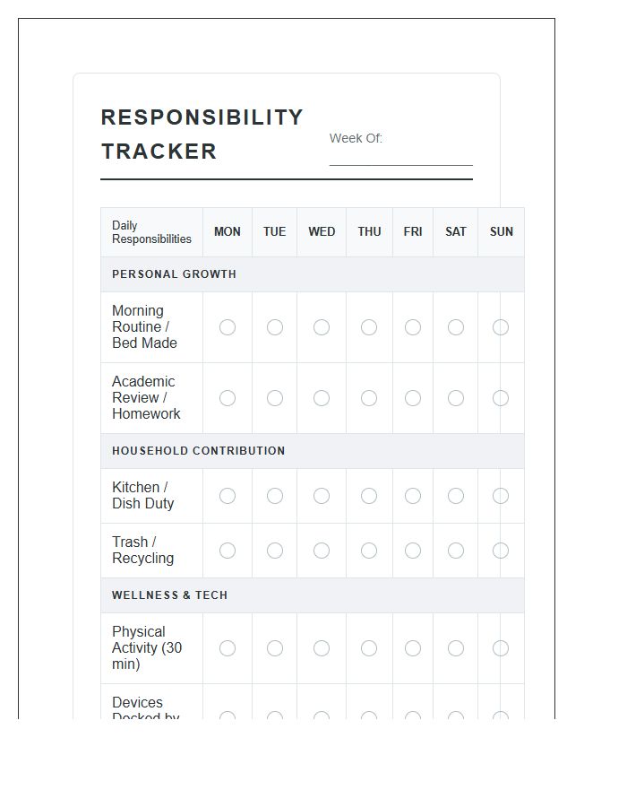 Printable Teenager Responsibility Tracking Chart