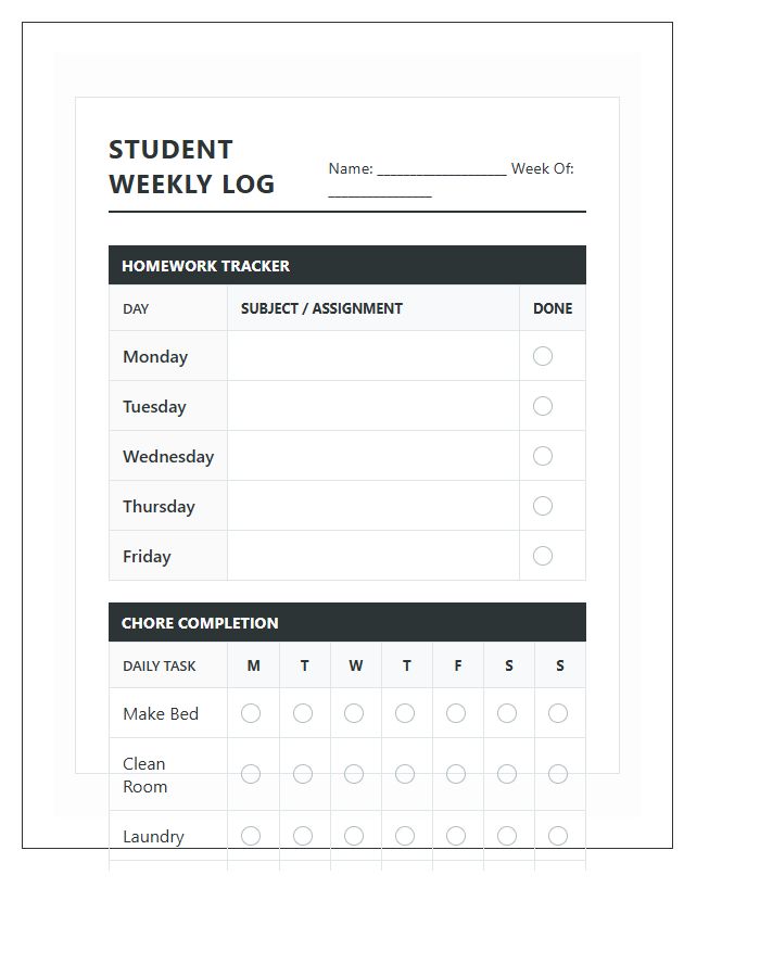 Student Homework And Chore Completion Log Chart Printable