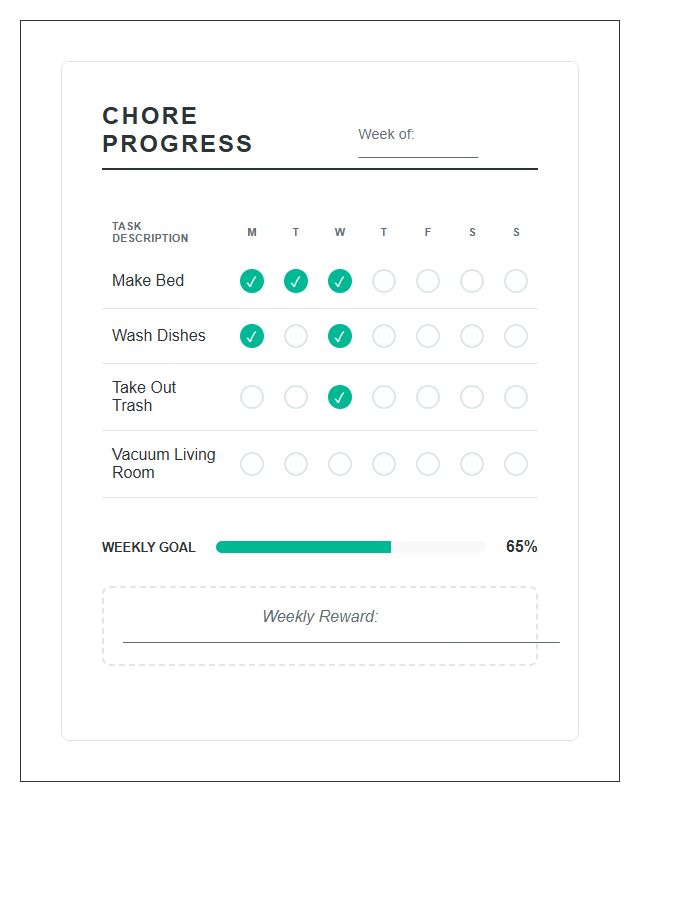 Visual Chore Progress Completion Chart Printable