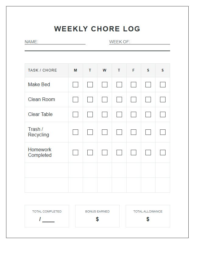 Weekly Allowance Chore Completion Log Chart Printable