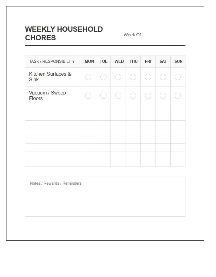 Weekly Household Chore Tracking Chart Printable