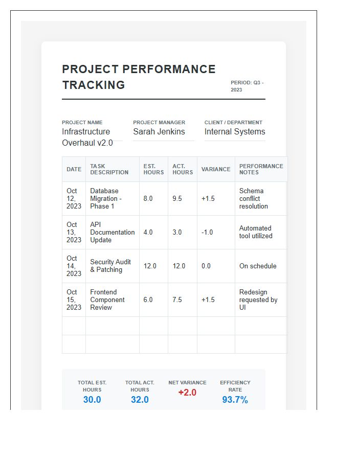 Comprehensive Printable Project Performance Time Tracking Chart