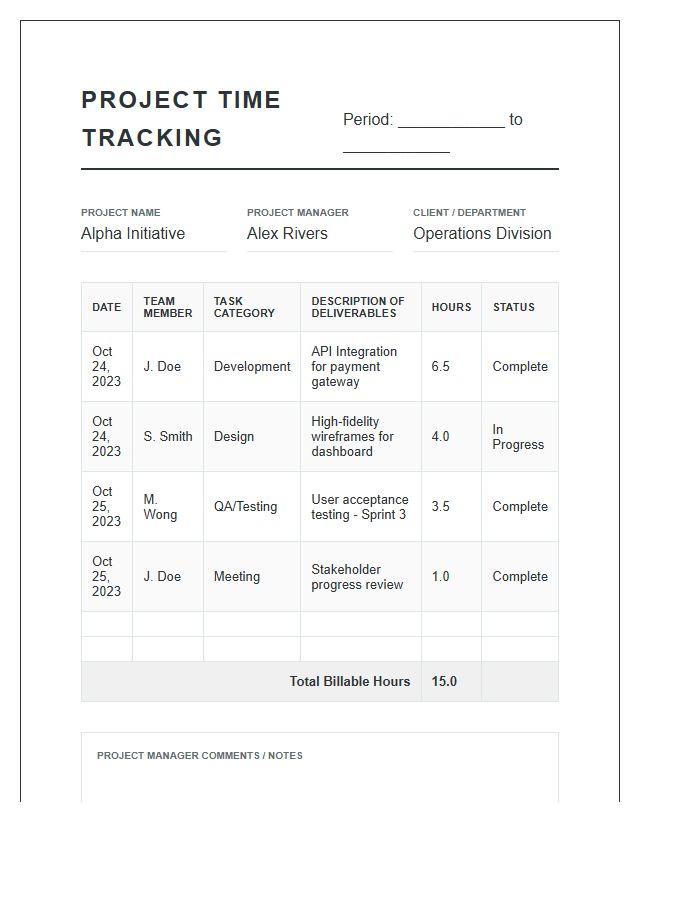 Detailed Printable Project Management Time Tracking Chart