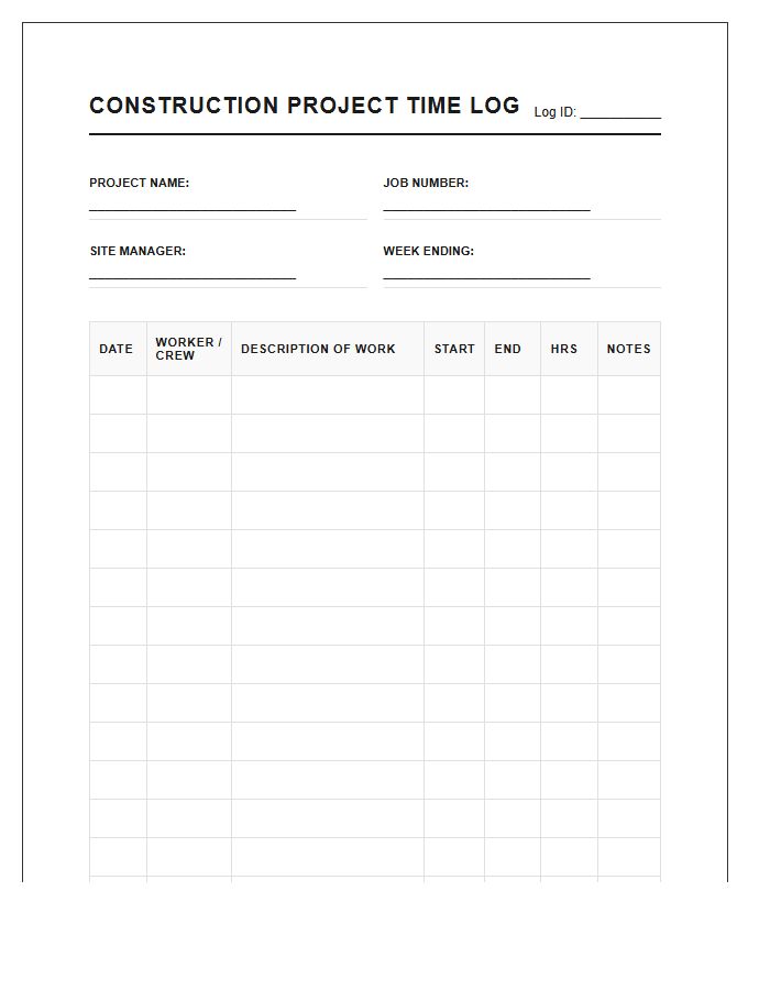 Printable Construction Project Time Tracking Log Chart