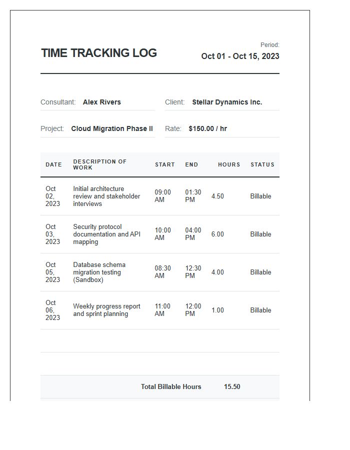 Printable Consultant Project Time Tracking Log Chart