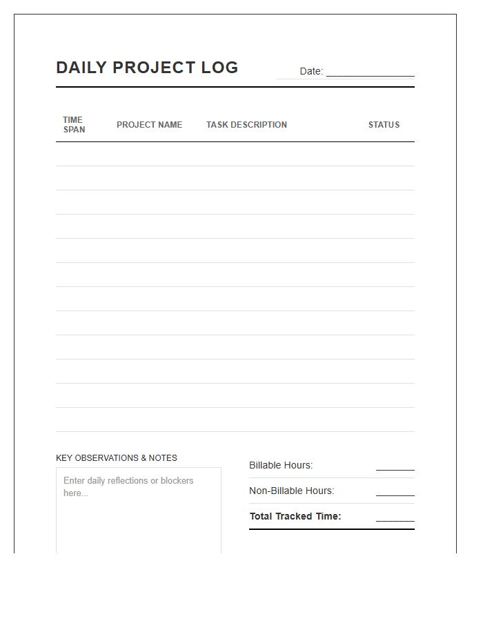 Printable Daily Project Time Allocation Log Chart