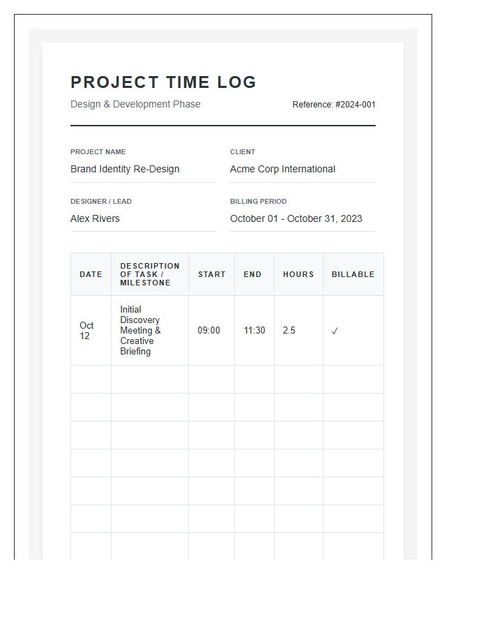 Printable Design Project Time Tracking Log Chart