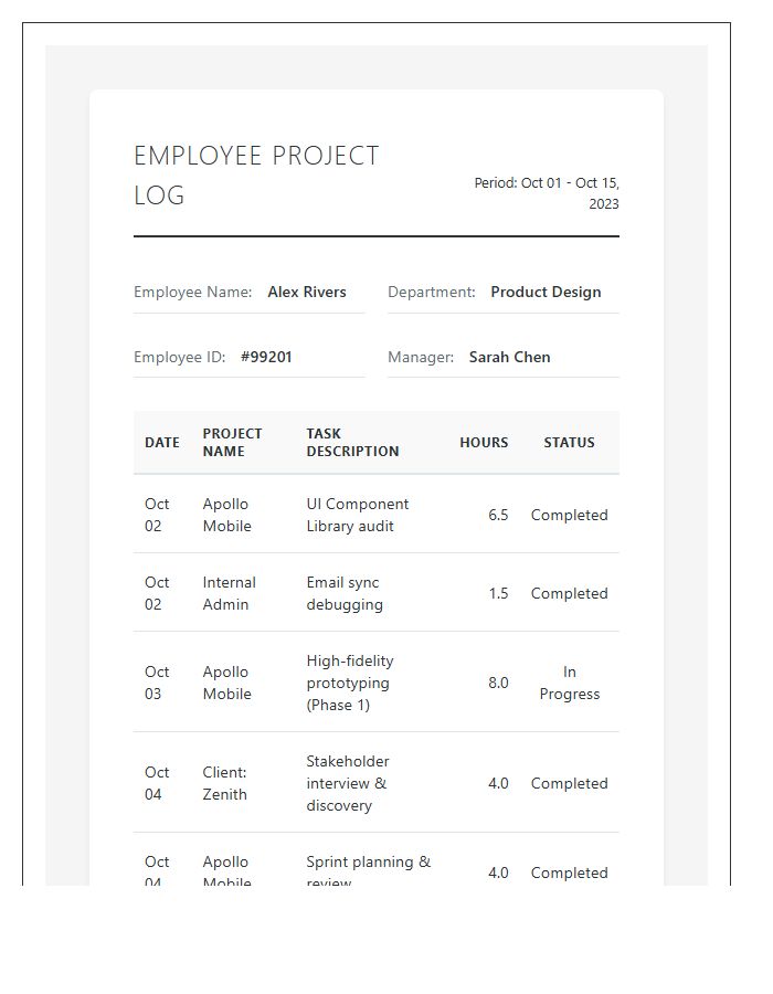 Printable Employee Project Time Tracking Log Chart