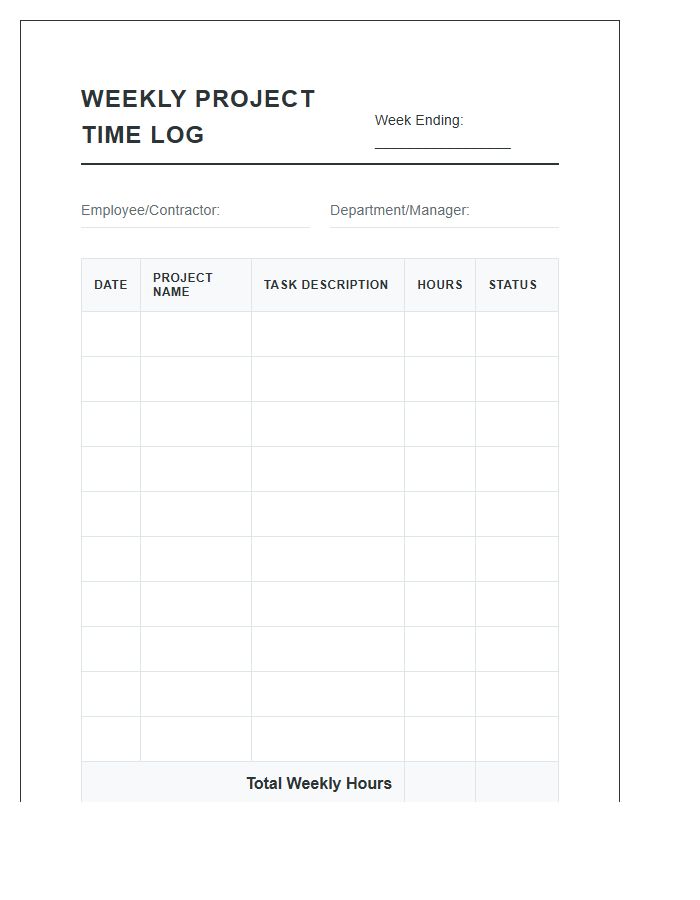 Printable Weekly Project Time Tracking Log Chart
