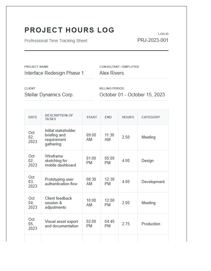 Professional Printable Project Hours Tracking Log Chart