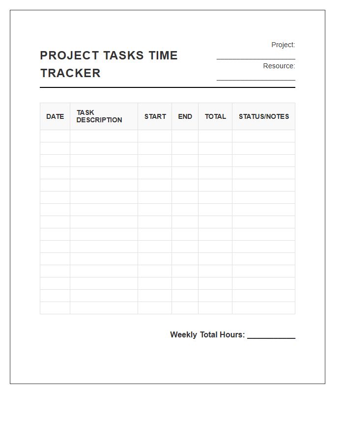 Simple Printable Project Tasks Time Tracking Chart