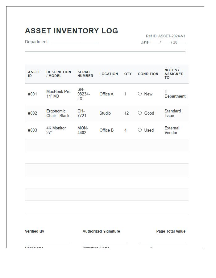 Asset Management Printable Inventory Stock Log Chart