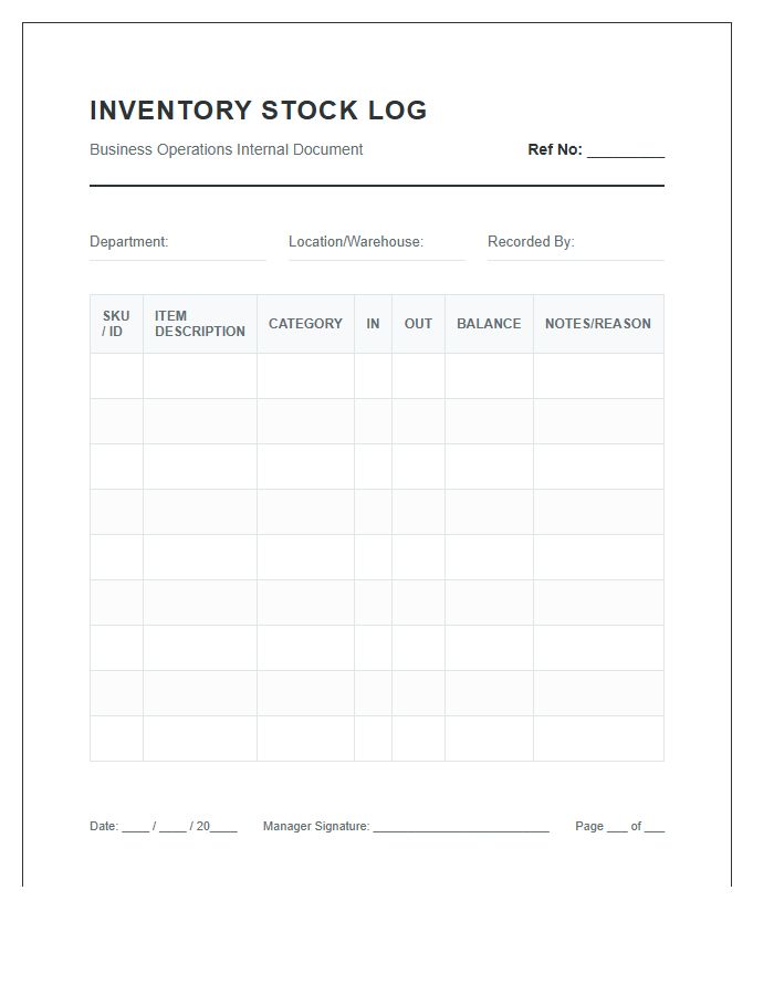 Business Operations Printable Inventory Stock Log Chart