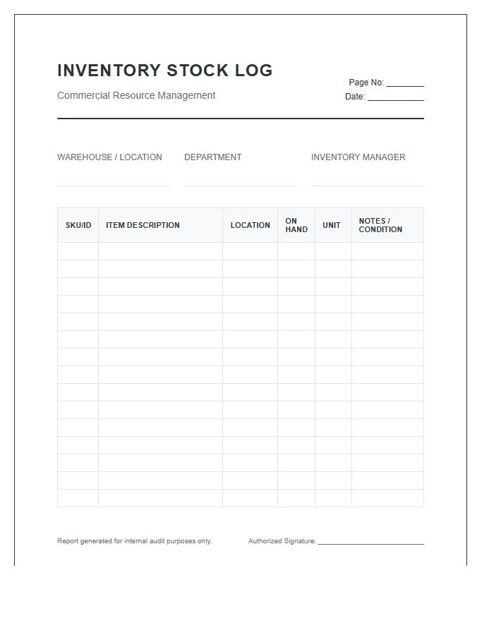 Commercial Printable Inventory Stock Log Chart