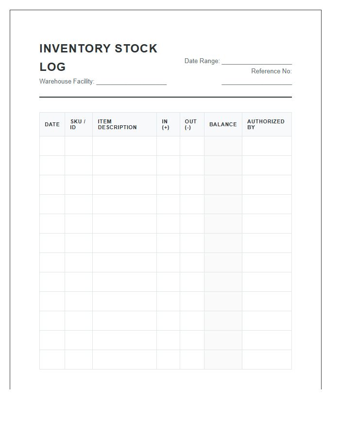 Comprehensive Printable Inventory Stock Log Chart
