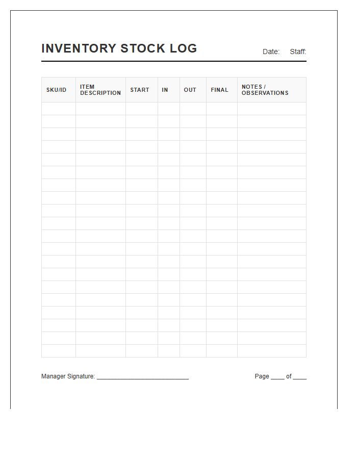 Daily Printable Inventory Stock Log Chart