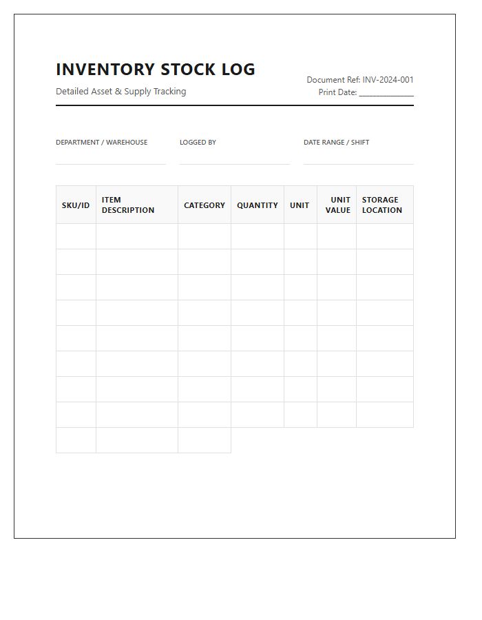 Detailed Printable Inventory Stock Log Chart