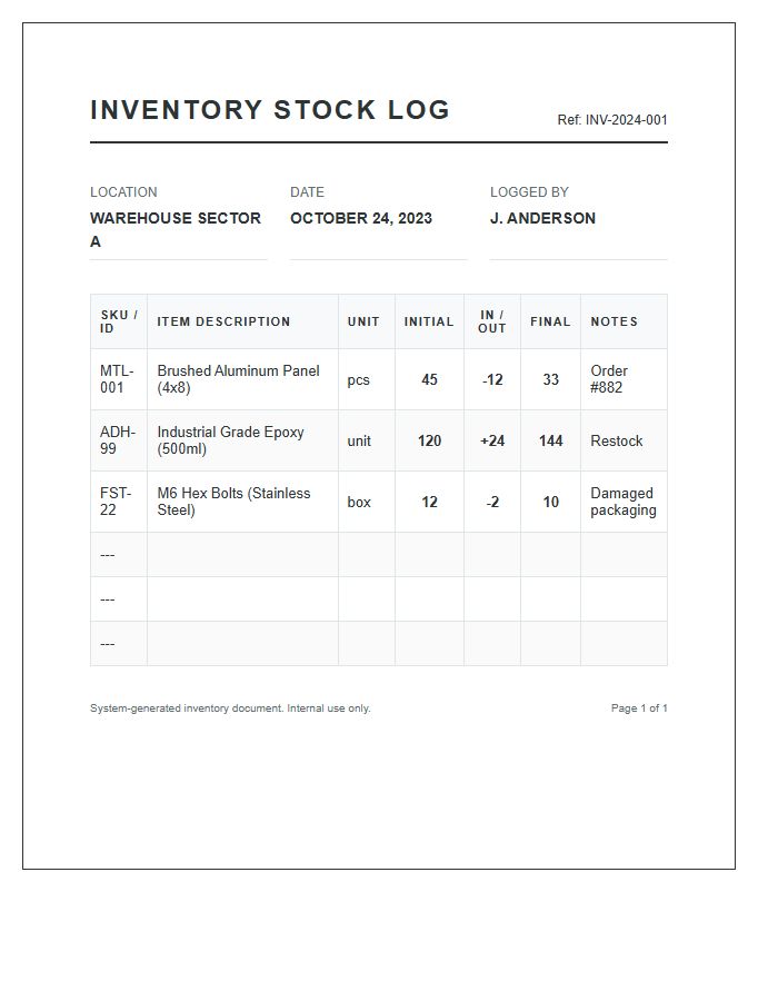 Essential Printable Inventory Stock Log Chart