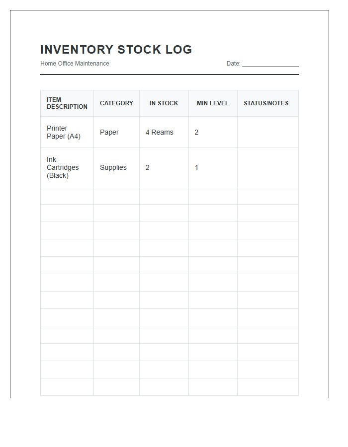 Home Office Printable Inventory Stock Log Chart