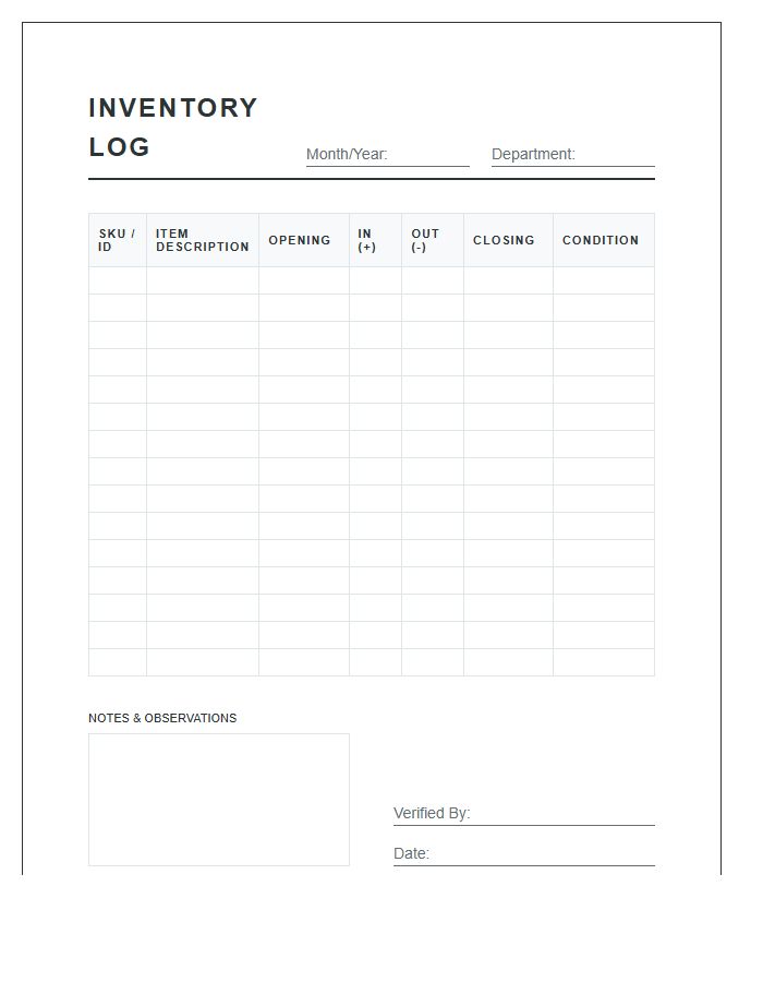 Monthly Printable Inventory Stock Log Chart