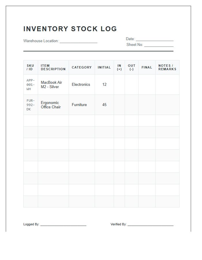 Organized Printable Inventory Stock Log Chart