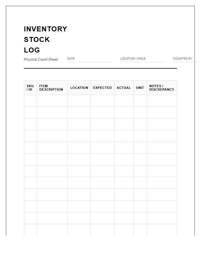 Physical Printable Inventory Stock Log Chart