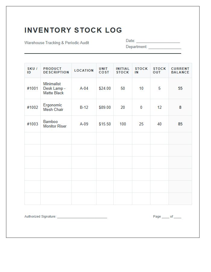 Product Tracking Printable Inventory Stock Log Chart