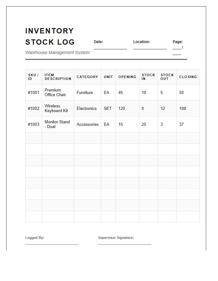 Professional Printable Inventory Stock Log Chart