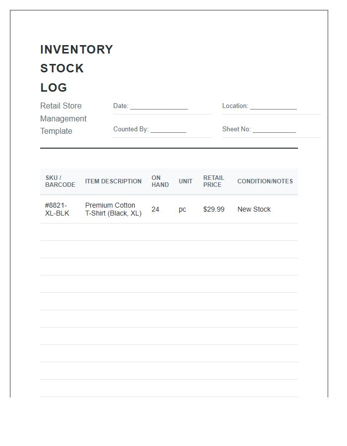 Retail Store Printable Inventory Stock Log Chart
