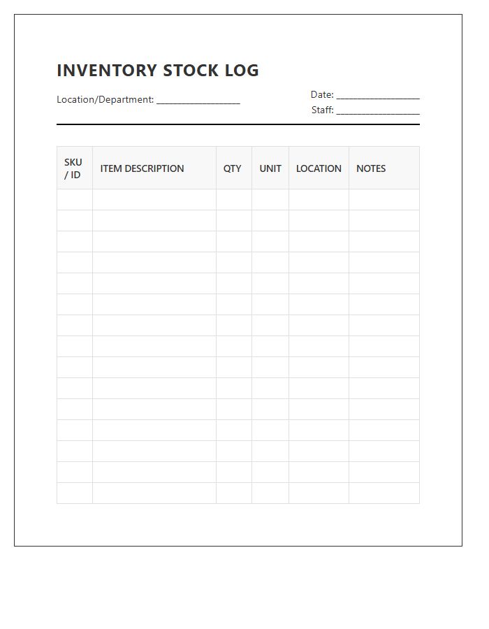 Simple Printable Inventory Stock Log Chart
