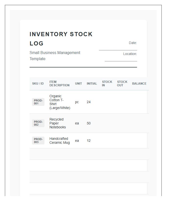 Small Business Printable Inventory Stock Log Chart