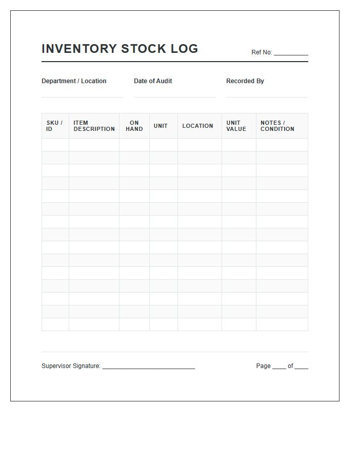 Supply Management Printable Inventory Stock Log Chart