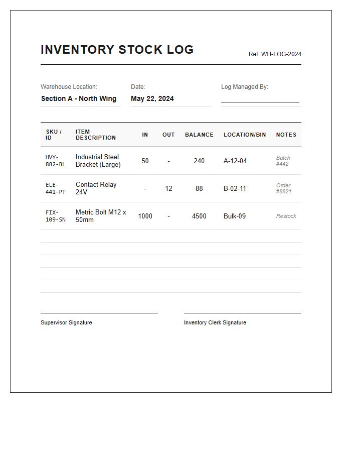Warehouse Management Printable Inventory Stock Log Chart