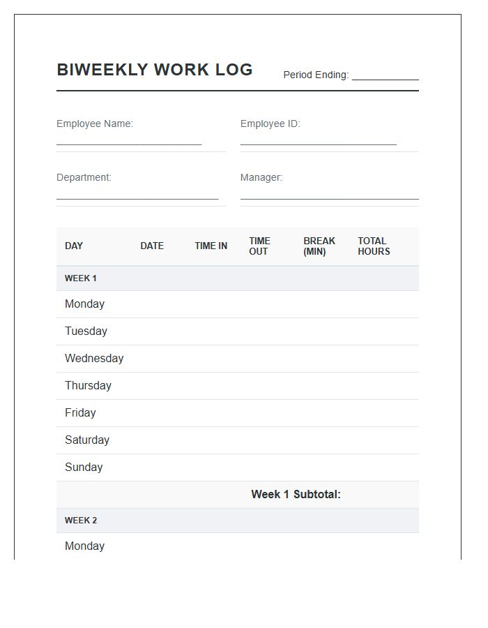 Biweekly Printable Employee Work Hour Log Chart
