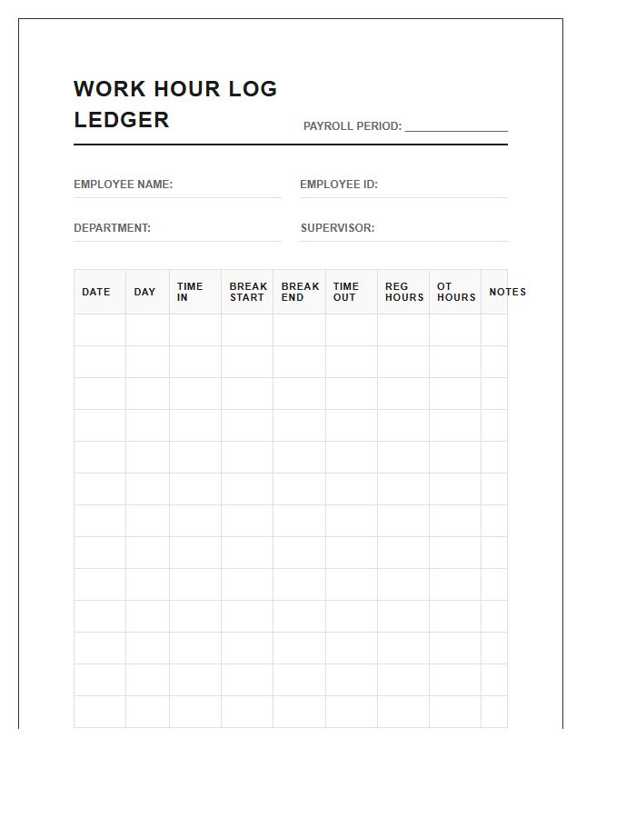 Comprehensive Printable Employee Work Hour Log Chart Ledger