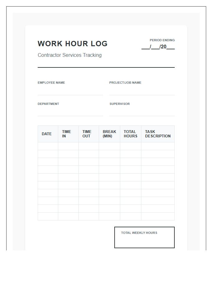 Contractor Printable Employee Work Hour Log Chart Tracker