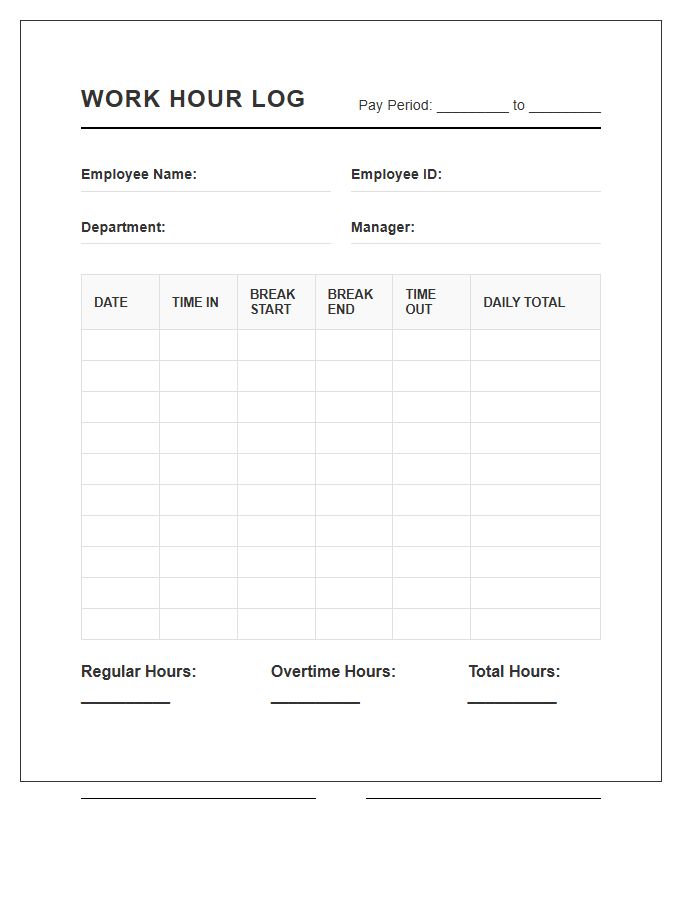 Daily Employee Work Hour Log Printable Chart